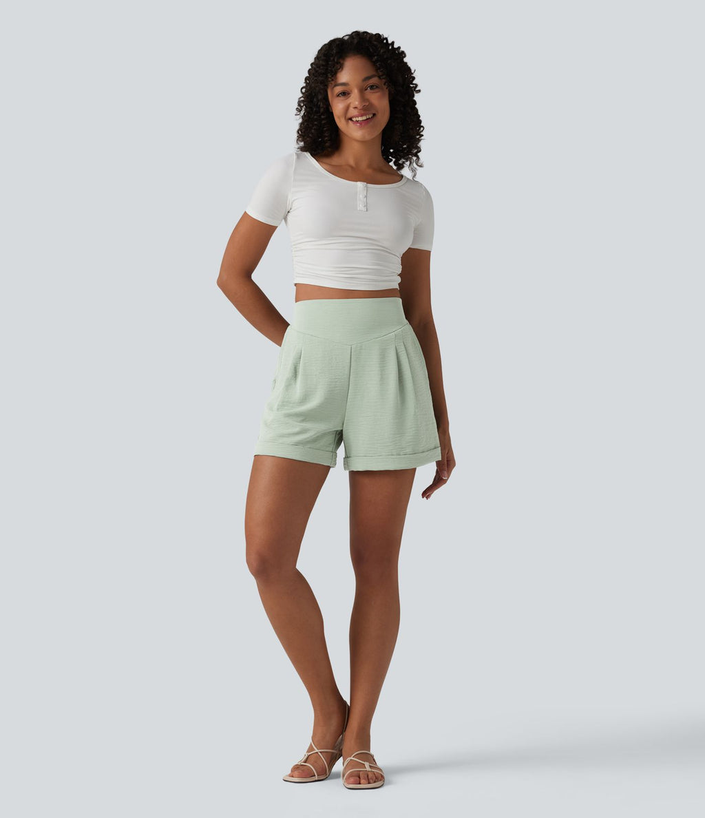 Short détente effet lin taille haute, entrejambe 10cm avec poches
