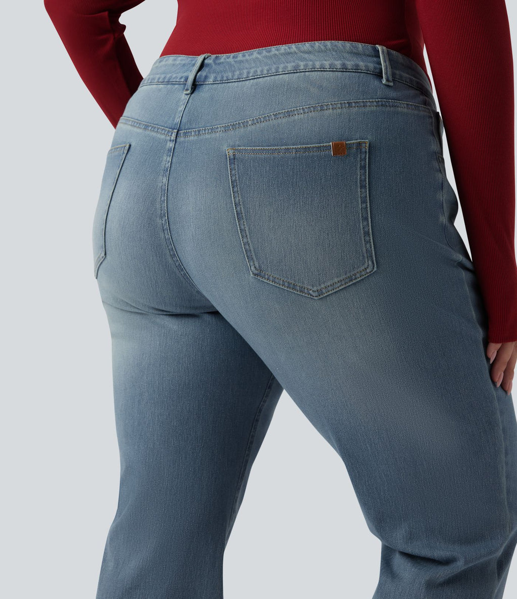 Jean décontracté grande taille évasé taille haute Halara Flex™ effet délavé avec multiples poches