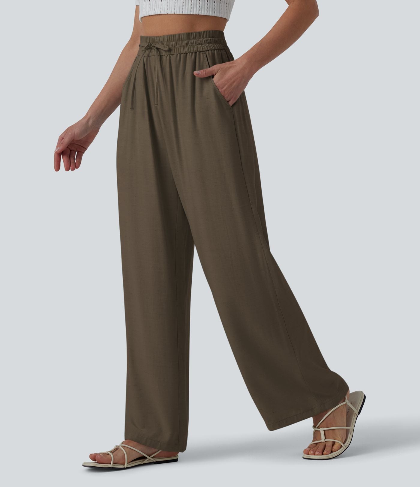 Pantalon casual large fluide mélange lin taille haute avec cordon de serrage et poches
