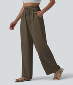 Pantalon casual large mélange lin taille haute avec cordon de serrage et poches