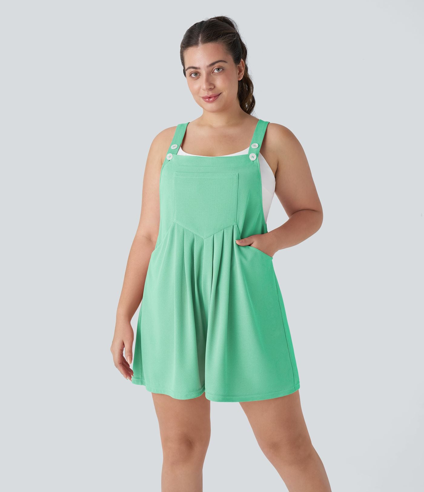Salopette Casual en Gaufré avec Bretelles Réglables Boutons et Poches Multiples Grande Taille