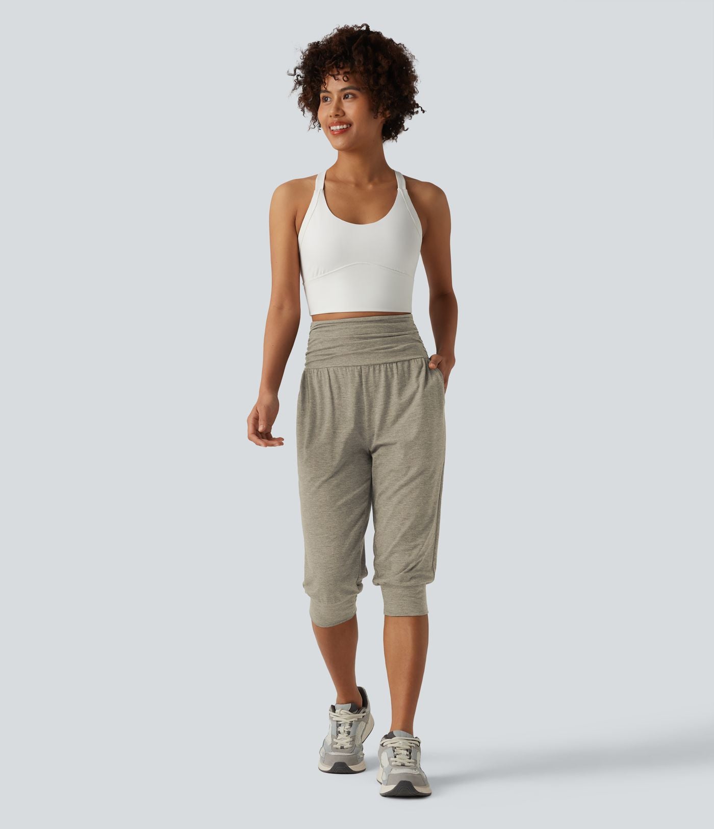 Jogging yoga corsaire chiné taille haute à fronces avec poches
