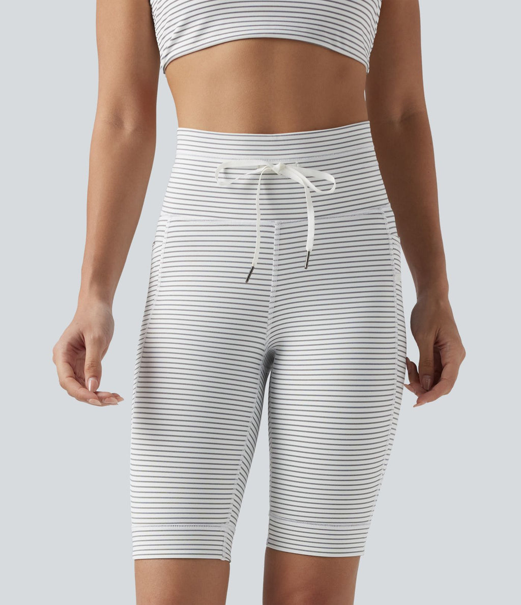 Short cycliste de yoga taille haute à rayures avec cordon de serrage 23 cm et poches