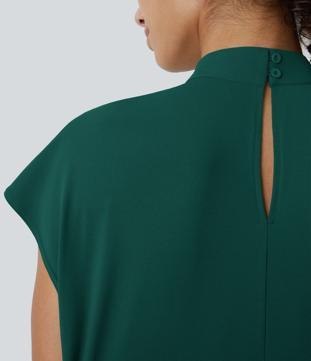 Blouse de Travail à Col Montant Plissée avec Boutons dans le Dos et Manches Courtes