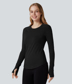 Top de sport col rond ourlet arrondi manches longues avec trous pouces et poche