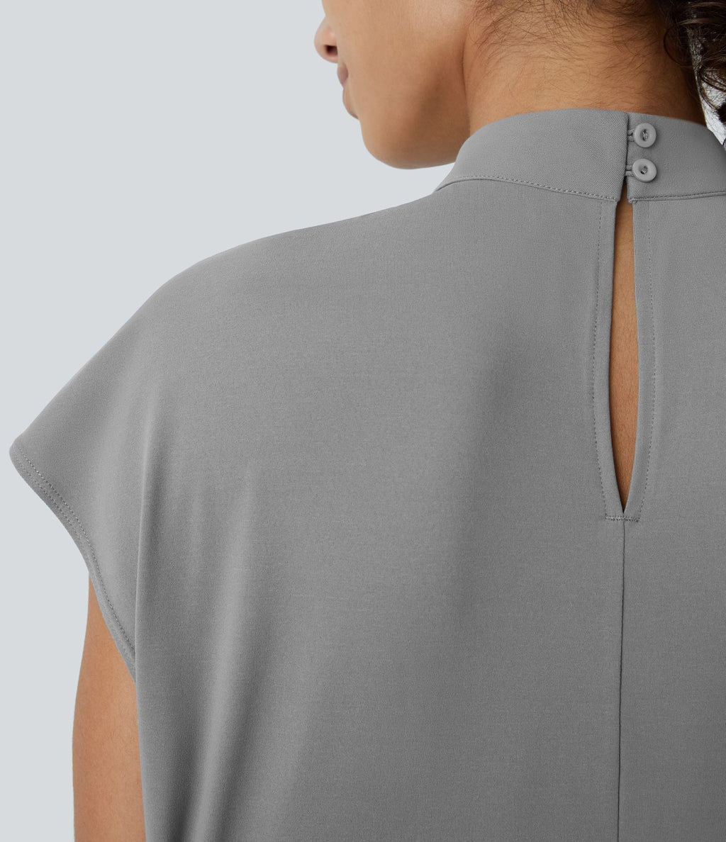 Blouse de Travail à Col Montant Plissée avec Boutons dans le Dos et Manches Courtes