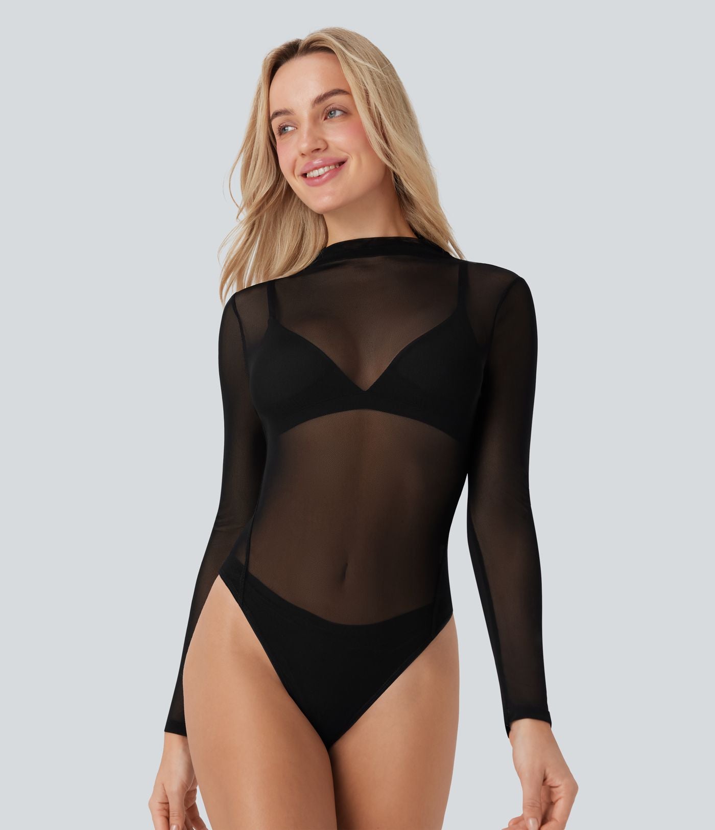 Body décontracté transparent en maille à col montant et boutons-pression