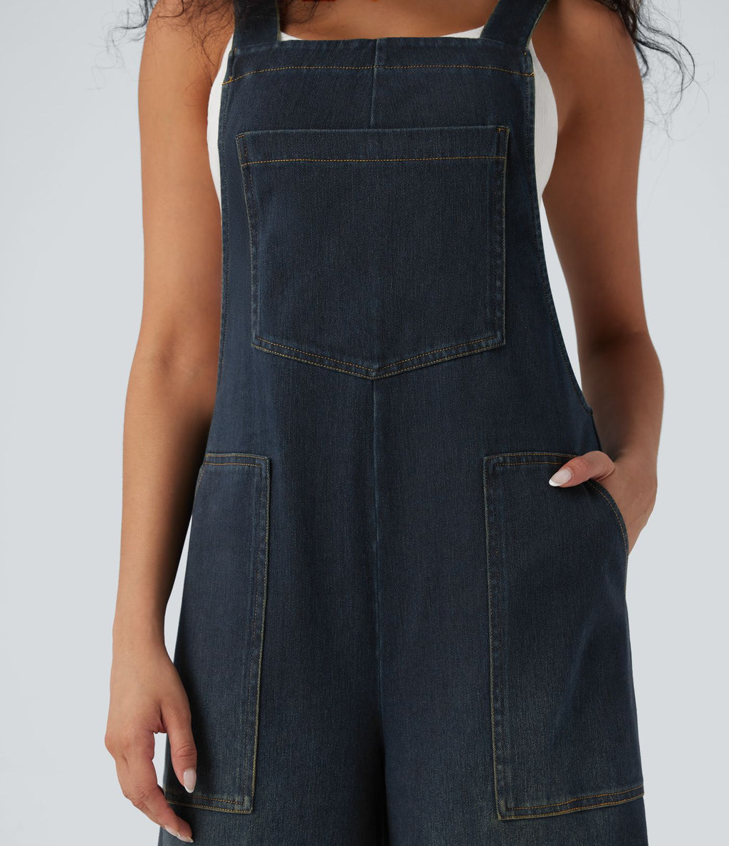 Salopette denim Halara Flex™ col carré effet délavé avec poches