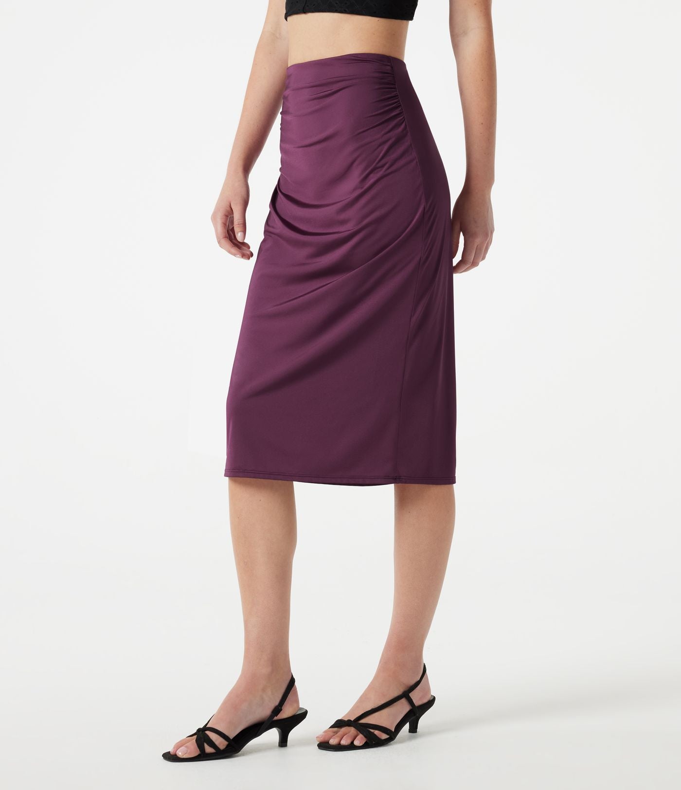 Jupe crayon midi décontracté taille haute extensible aspect satiné à effet frais InstantCool avec fronces