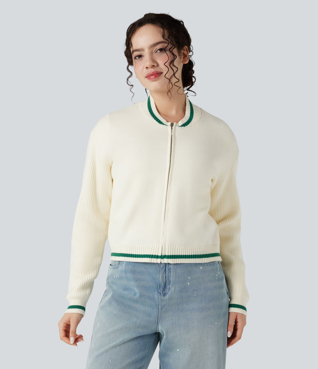 Cardigan color block col rond manches longues