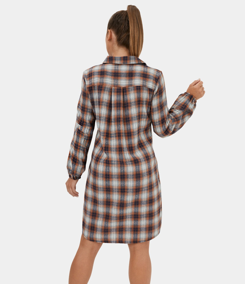 Robe Casual de Mini à Carreaux avec Col Boutons et Nœud à l'Avant