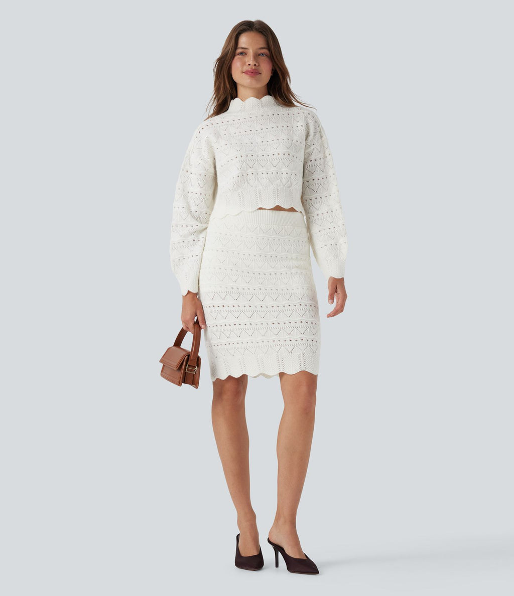 Jupe-pull décontractée 2-en-1 maille ajourée longueur genou taille haute avec poches