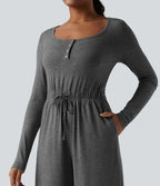 Combinaison ample casual chinée Henley à manches longues avec cordon de serrage et poches - Easy Peasy