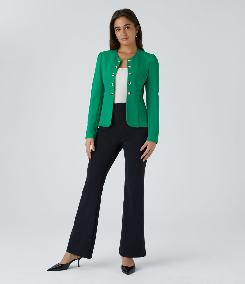 Blazer tailleur ajusté à col rond, manches longues avec boutons décoratifs