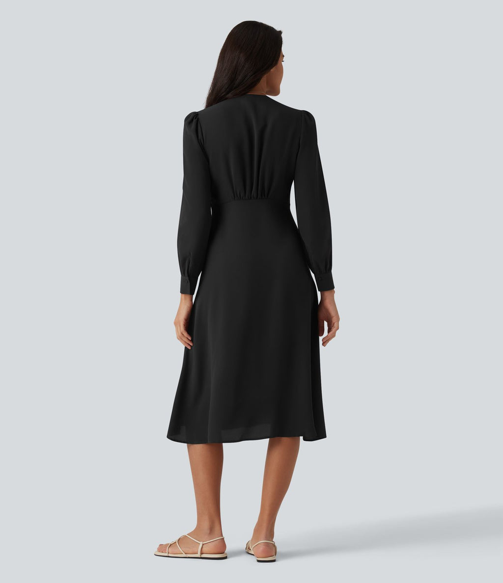 Robe casual midi col V à manches longues bouffantes