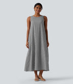 Robe débardeur midi décontractée col rond sans manches en vichy froissé avec poches