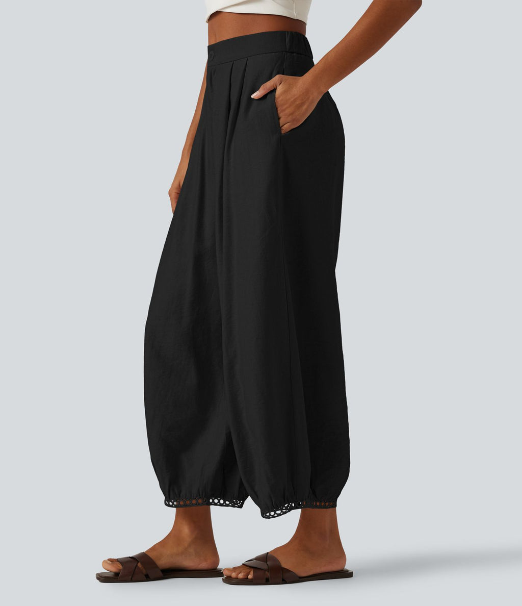 Pantalon casual barrel longueur 7/8 taille mi-haute à bordure ajourée avec poches