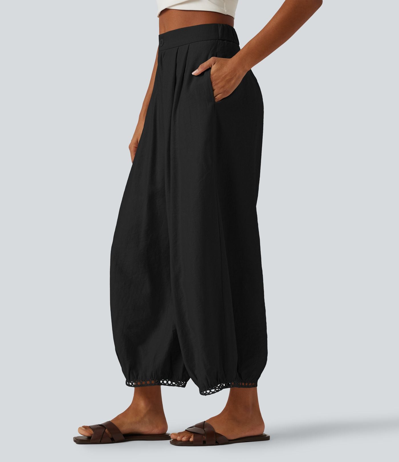Pantalon casual barrel longueur 7/8 taille mi-haute à bordure ajourée avec poches