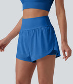 Short yoga 2-en-1 gainant taille haute à pois réfléchissants, ourlet arrondi croisé et œillets avec poches