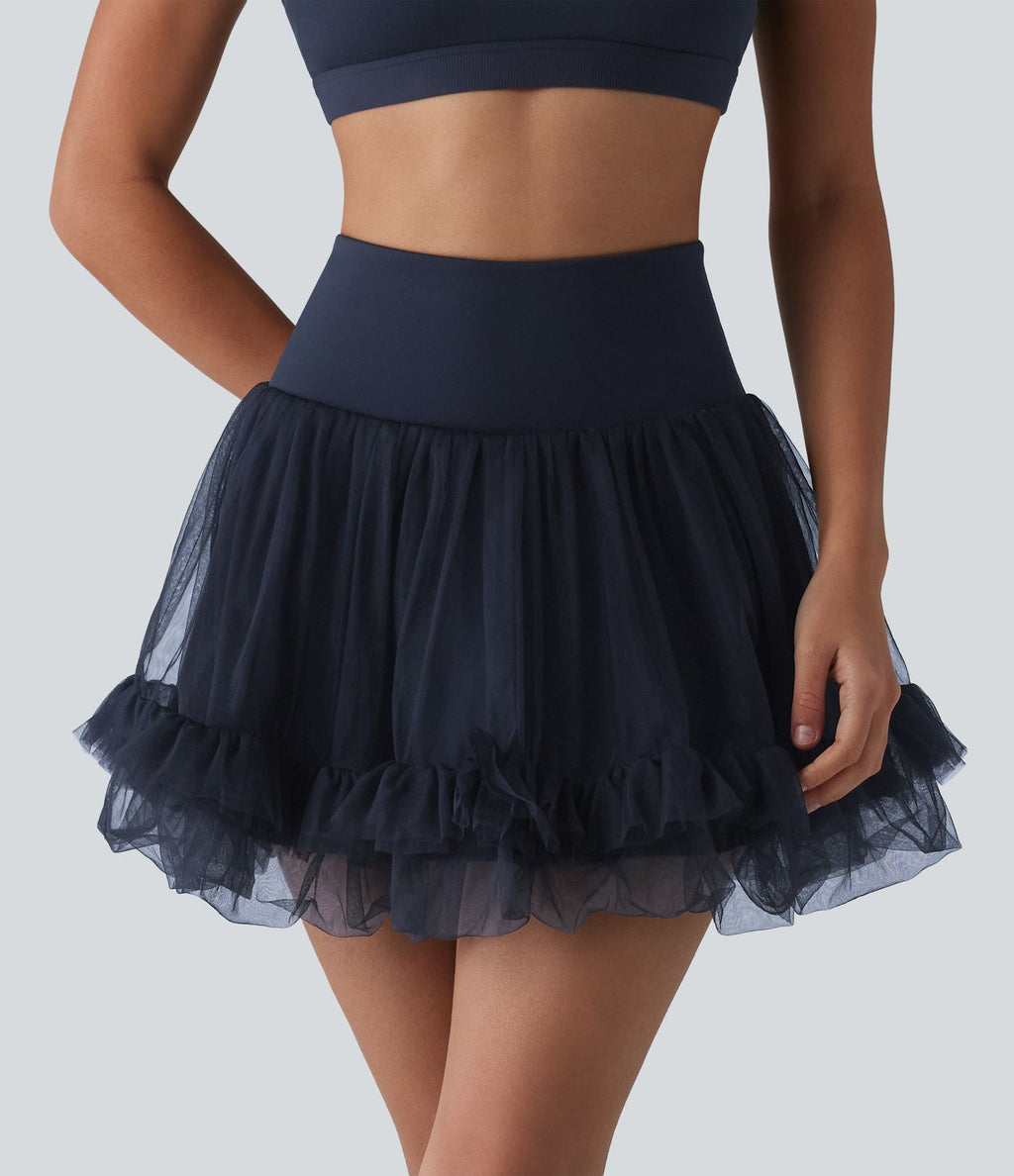 Jupe mini de sport 2 en 1 taille haute ventre plat en maille contrastée avec poches