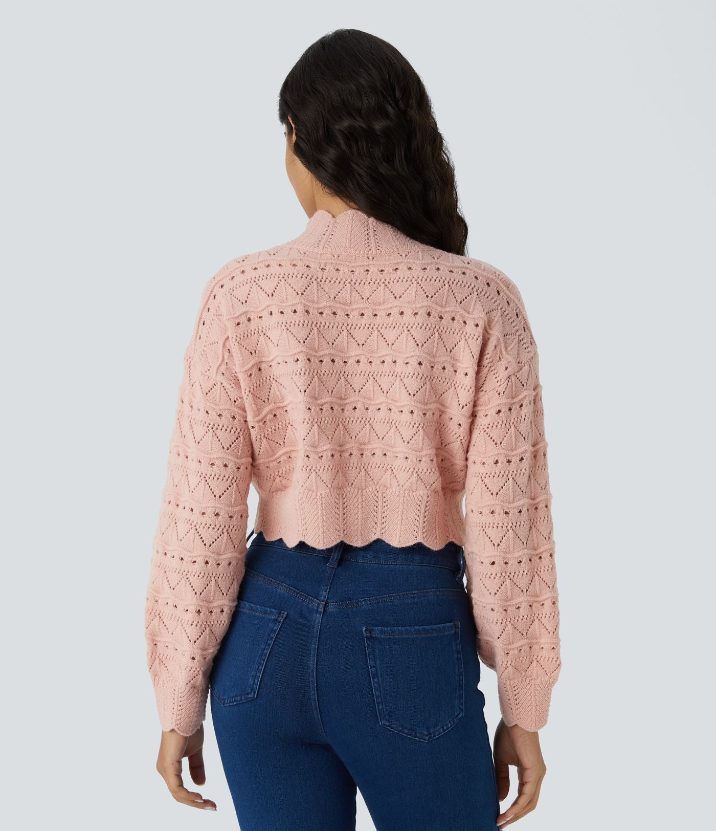 Pull décontracté à col montant, manches évêque, ourlet festonné et maille ajourée