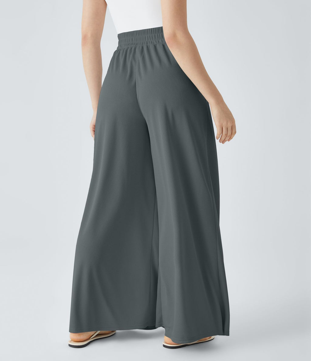 Pantalon décontracté palazzo en maille gaufrée, fluide, large, plissé, taille haute, avec poches
