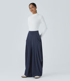 Pantalon décontracté drapé à poches multiples et taille moyenne, jambe large