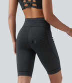 Short cycliste de yoga taille haute à rayures avec cordon de serrage 23 cm et poches