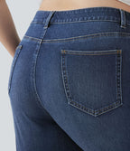 Jean décontracté Halara Flex™ grande taille, taille haute, multiples poches, jambes droites, effet délavé, en maille extensible