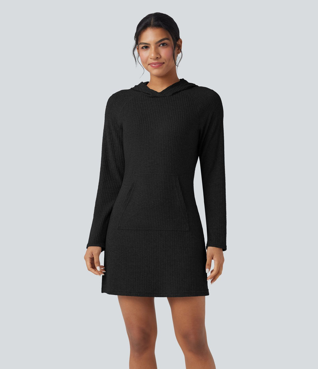 Robe active mini de randonnée maille côtelée à capuche manches longues avec poche