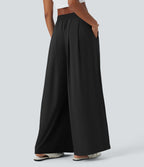 Breezeful™ Pantalon Large Fluide Taille Haute Plis Poches Latérales et Taille Élastique Séchage Rapide