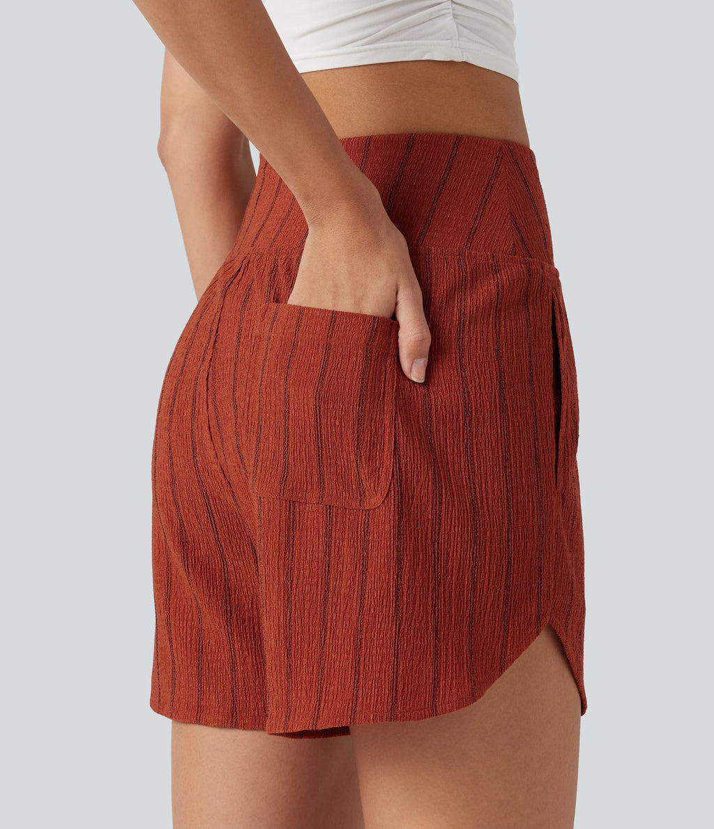 Short casual taille haute ourlet arrondi rayures avec poches
