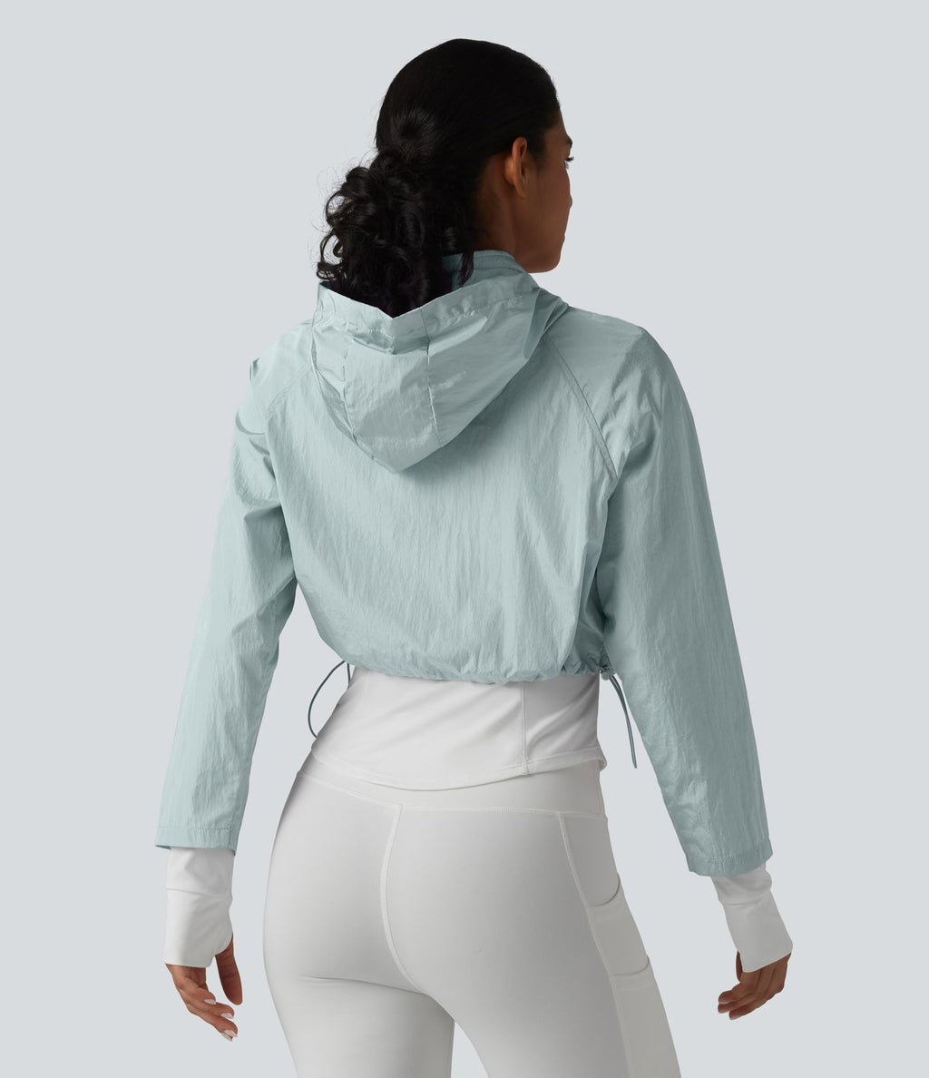 Veste de running 3-en-1 déperlante à capuche avec trous pour les pouces, ourlet arrondi et poches