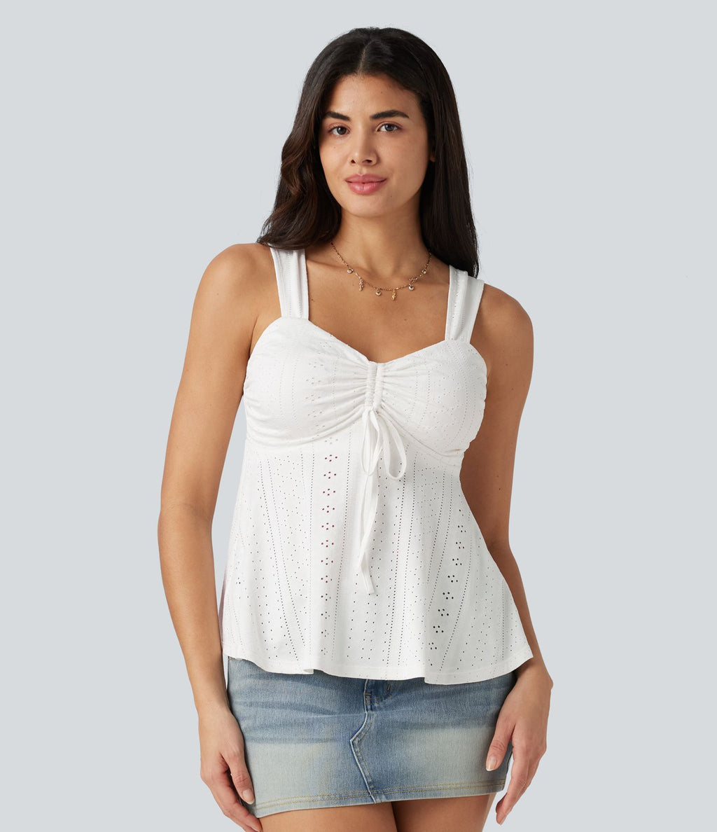 Débardeur décontracté froncé avec cordon de serrage, broderie anglaise et soutien-gorge intégré