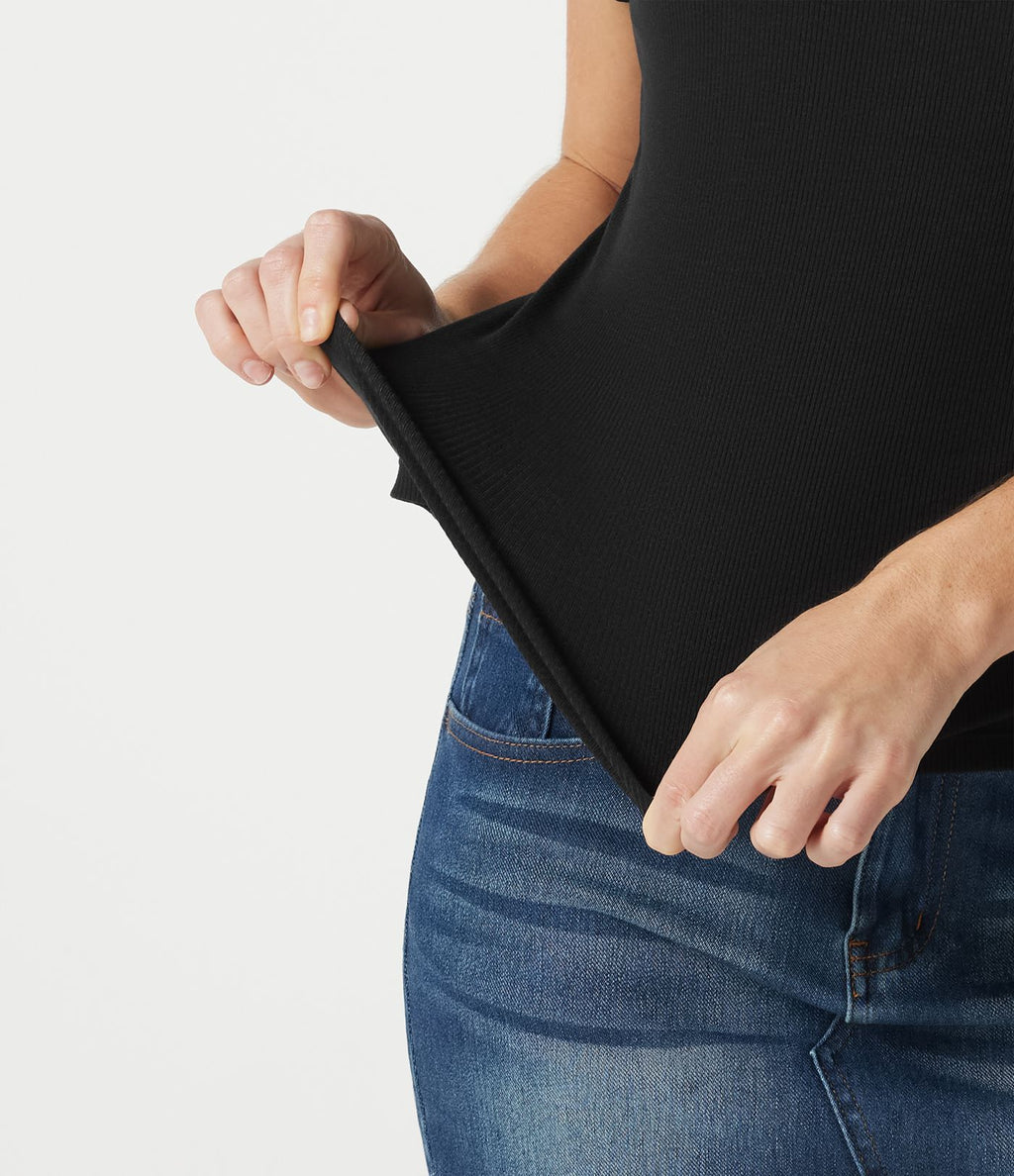 T-shirt décontracté en maille côtelée, col rond échancré, dos en U, manches courtes, brassière intégrée en dentelle contrastée