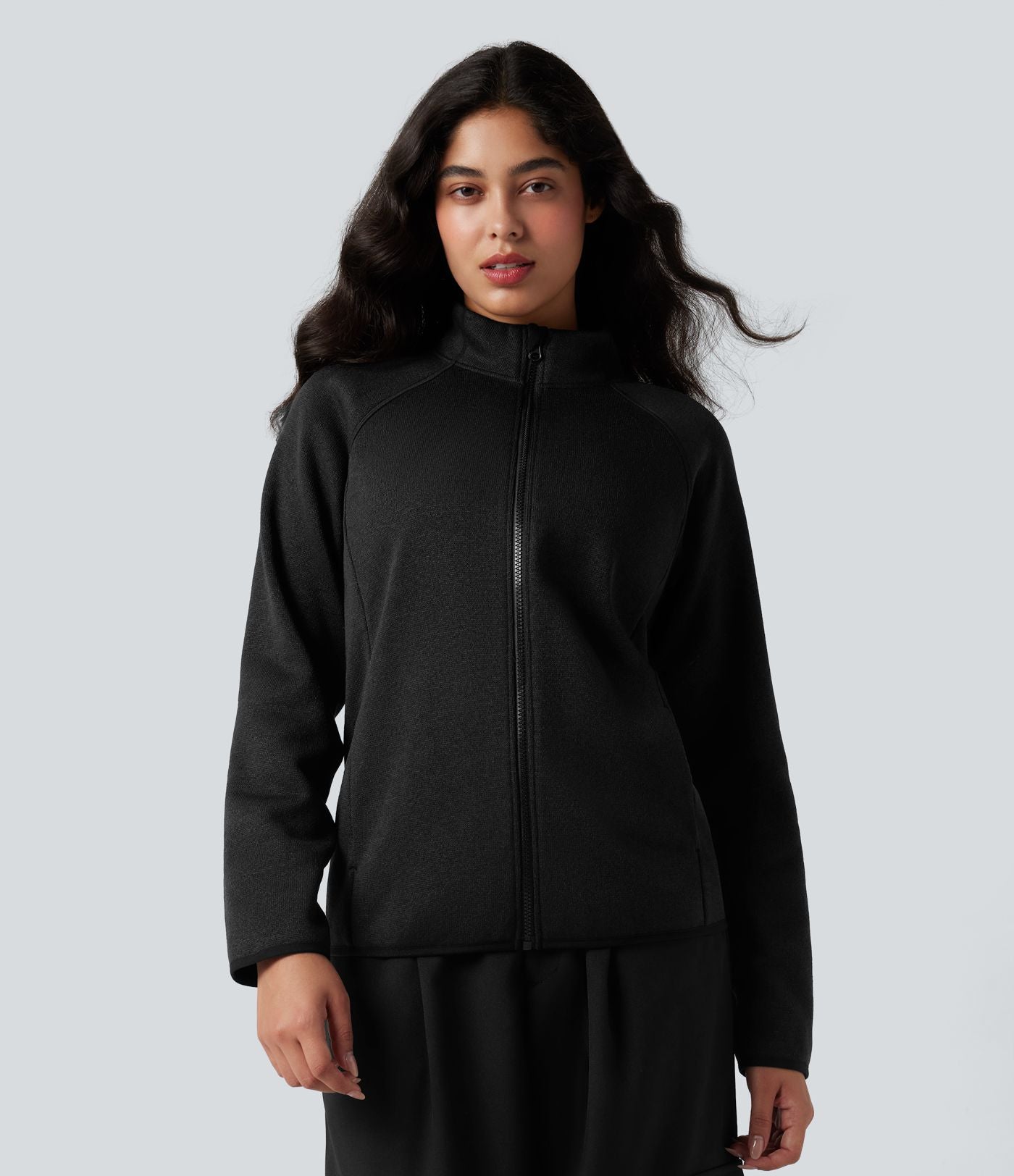 Veste polaire de randonnée chiné col montant manches longues avec fermeture éclair et poches