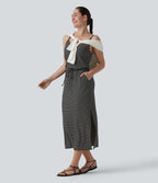 Robe décontractée midi rayée avec brassière intégrée cordon de serrage et poches
