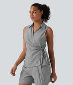 Chemise décontractée aspect lin sans manches col cache-cœur avec lien latéral