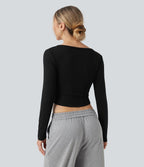 Haut détente cropped maille côtelée col henley manches longues