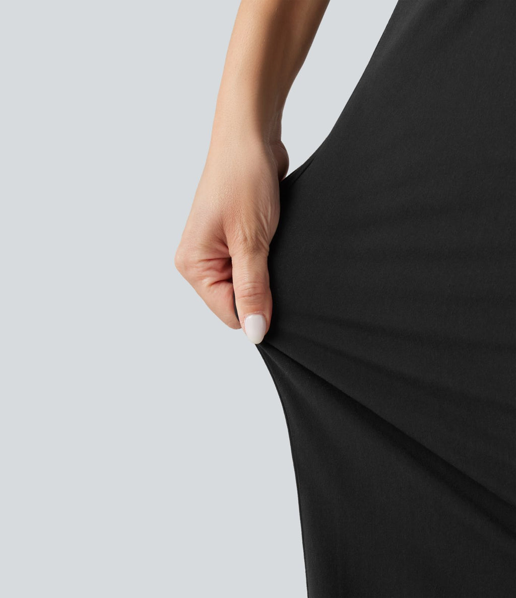 Pantalon large fluide décontracté en lin stretch taille haute gainant avec poches