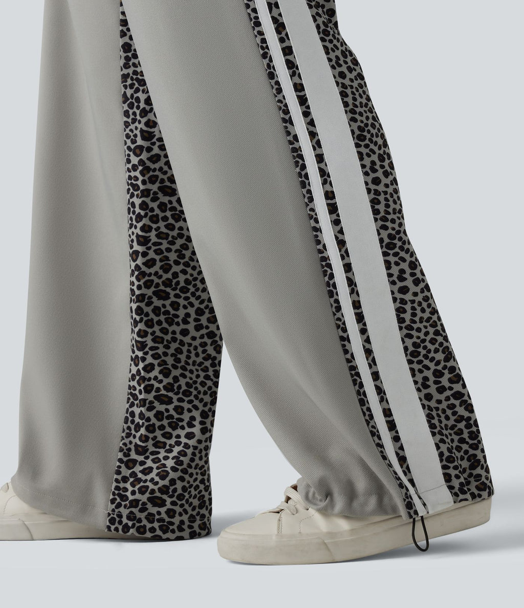 Pantalon ample décontracté taille mi-haute avec cordon de serrage color block rayures léopard contrastant avec poches
