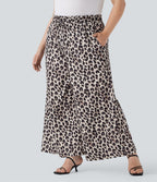 Pantalon décontracté grande taille large fluide taille haute imprimé léopard avec cordon de serrage et poches latérales