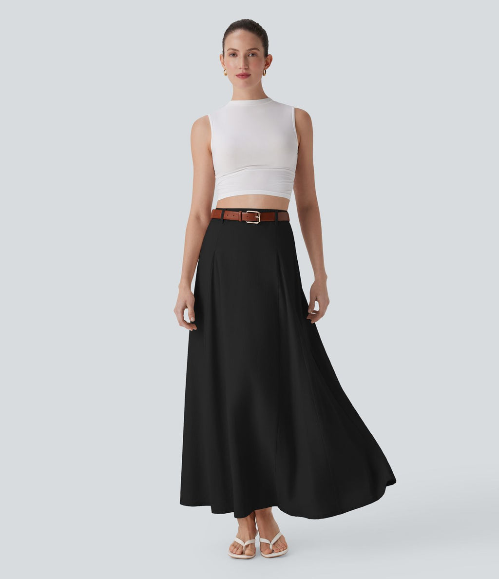Jupe longue évasée à taille haute avec fermeture éclair invisible, aspect lin