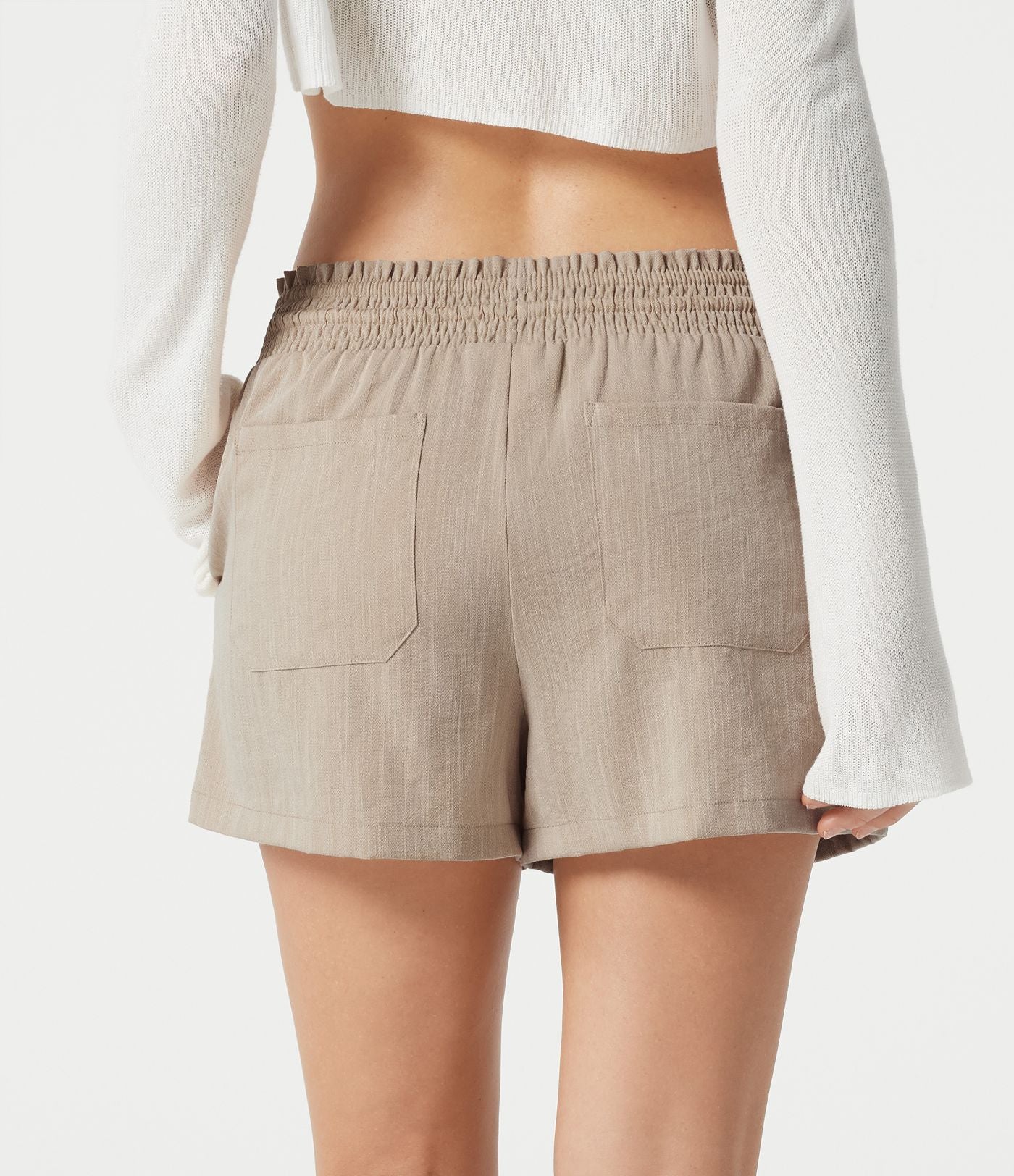 Short décontracté taille basse à cordon de serrage, aspect lin, avec poches