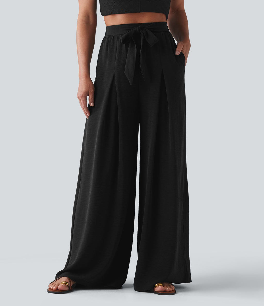 Pantalon large resort taille haute aspect lin avec nœud frontal et poches