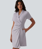 Robe tailleur courte col châle manches courtes