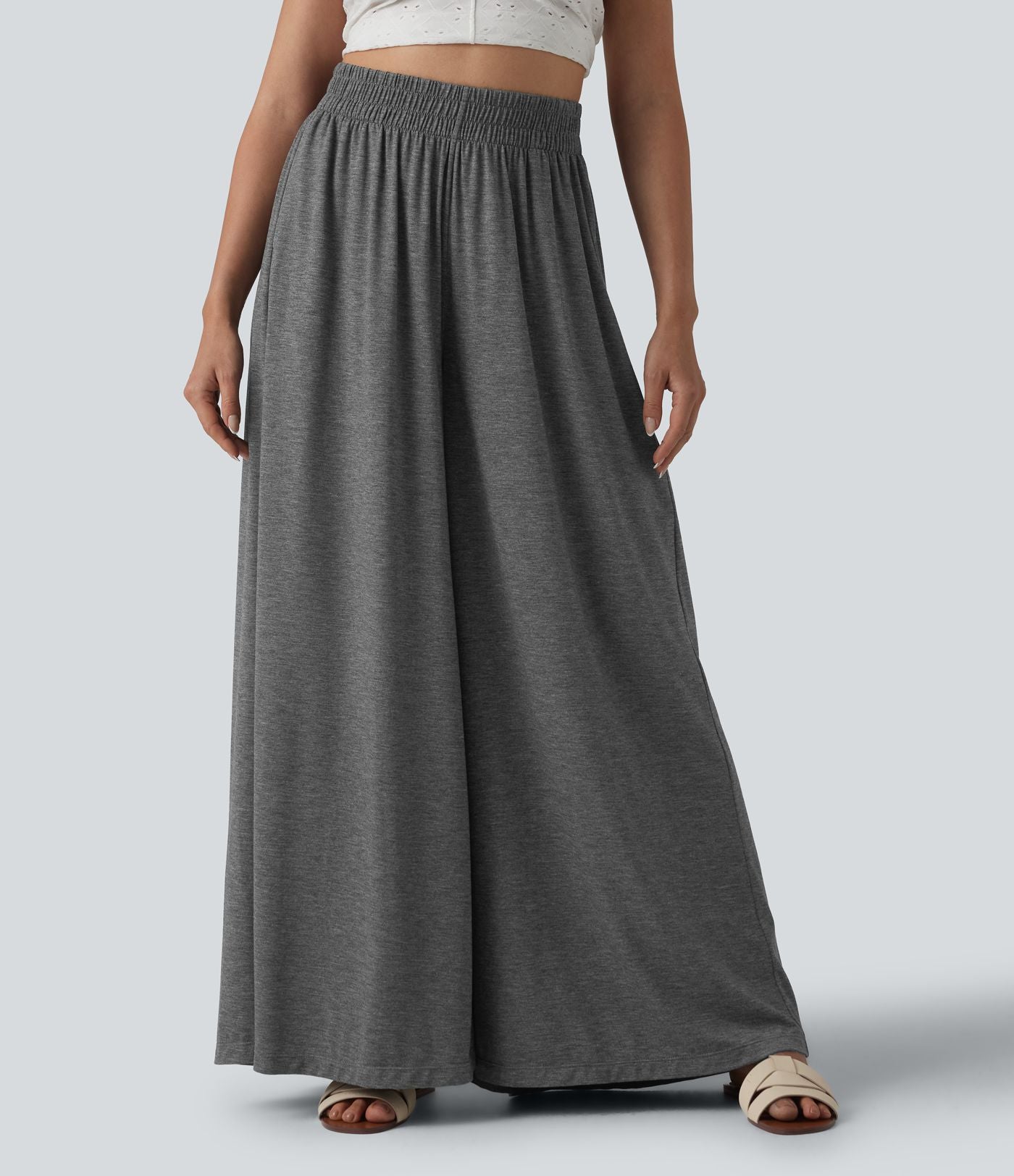 Pantalon large fluide chiné resort taille haute avec poches