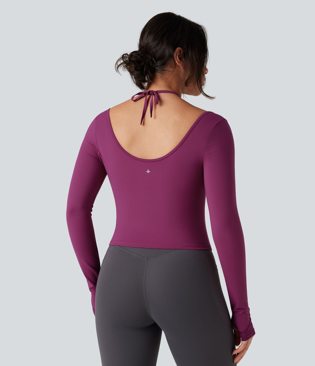 Top de sport yoga SoftlyZero™ Plush dos nu mesh contrastant manches longues avec trous pouces
