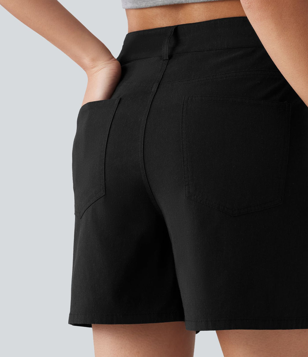 Short taille haute croisé décontracté en lin stretch 12,5 cm avec poches