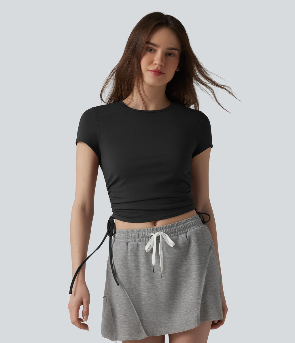 Halara T-shirt décontracté en jersey de coton à col rond, cordon de serrage, dos froncé et ouverture goutte